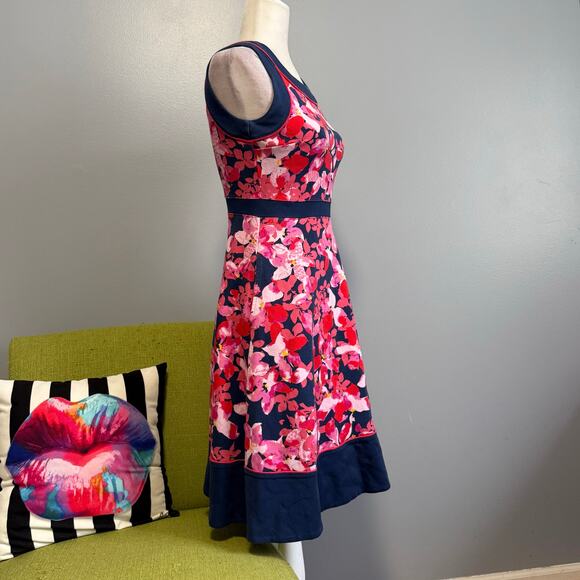 Lands End Blue Pink Floral Sleeveless Fit and Flare Dress 2 - Picture 3 of 5
